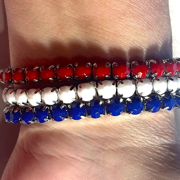 Patriotic Red White and Blue Rhinestone Bracelet Set,stackable Stretch Bracelets , 4th of July, Memorial Day , Red White & Blue Bracelet