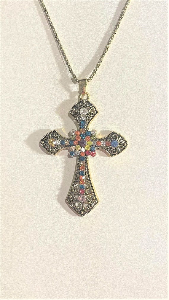 Vintage Betsey Johnson Crystal Cross Necklace , Mu