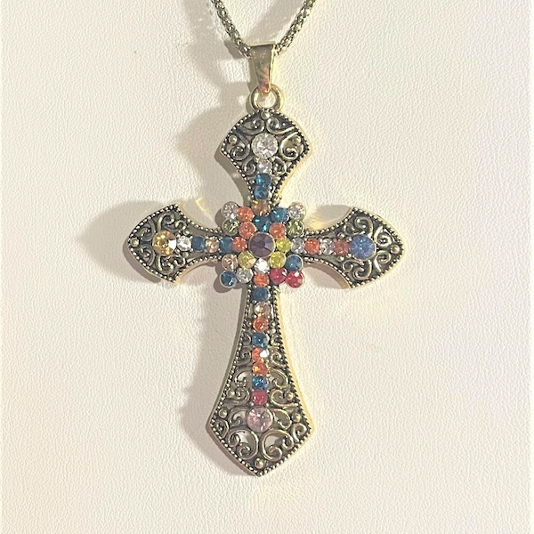 Vintage Betsey Johnson Crystal Cross Necklace , Multicolor Crystal Cross , gold tone , Statement Necklace