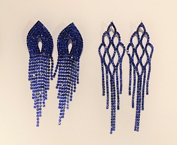 Long Blue Rhinestone Tassel Earrings , Rhinestone… - image 1