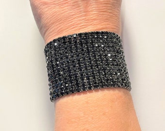 Black Rhinestone Wide Stretch Statement Bracelet , 12 Row Black Rhinestone Bracelet , Statement Bracelet Jewelry