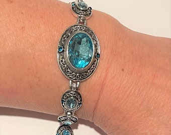 Blue Zircon Oval Medallion Bracelet , Silver , Bridal Jewelry