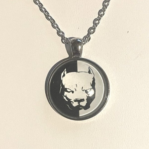 Pit Bull DOG Glass pendant Necklace , Pitbull Necklace , Pitbull cropped ears Necklace , Silver