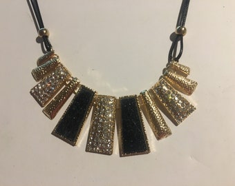 Gold Tone and Black Resin Statement necklace , Crystals , Waxed Cord