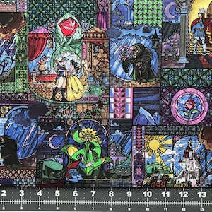 Precut Disney Belle Beauty and The Beast Stained Glass cotton fabric 1/2 Yard, 1 Yard Shipping same day