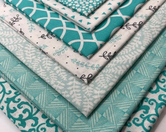 Fat Quarter bundle of 10 beautiful green ( turquoise ) tone premium Cotton Fabric for quilting projects, face masks, apparel etc.