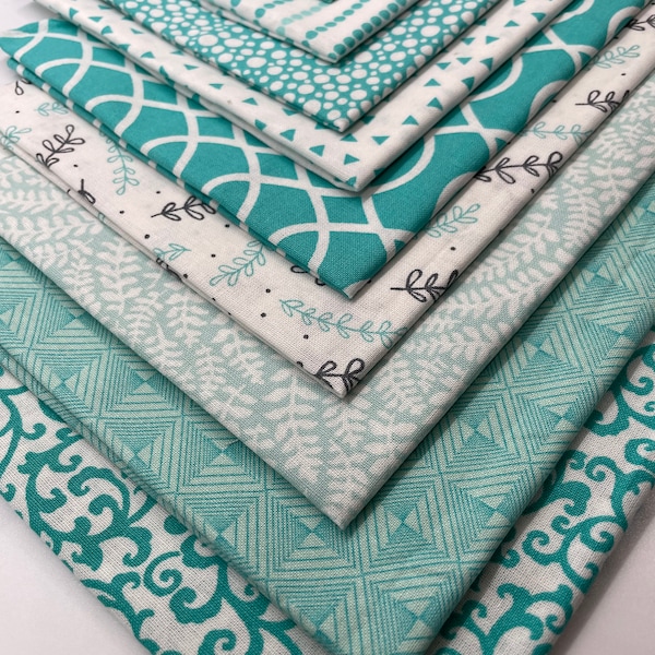 Fat Quarter bundle of 10 beautiful green ( turquoise ) tone premium Cotton Fabric for quilting projects, face masks, apparel etc.