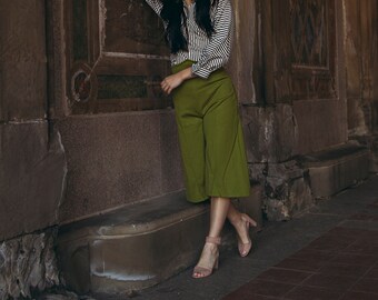 Pantalones capri verdes de los años 60, pierna ancha (talla pequeña)