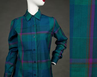 1970s - 1980s Pendleton Green Blue Purple Plaid Button Up - Medium