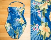 Sexy 1990s Blue Tropical High Cut Halter One Piece Swimsuit by Garbar House Beach - Large