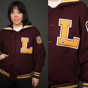 Athletic 2000s Maroon Yellow Letterman Jacket "Laura" Trojan - Medium