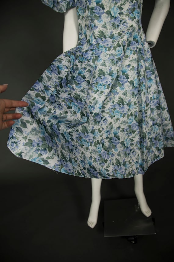 Fun 1980s Blue Floral Prom Dress Puffy Sleeves - … - image 6