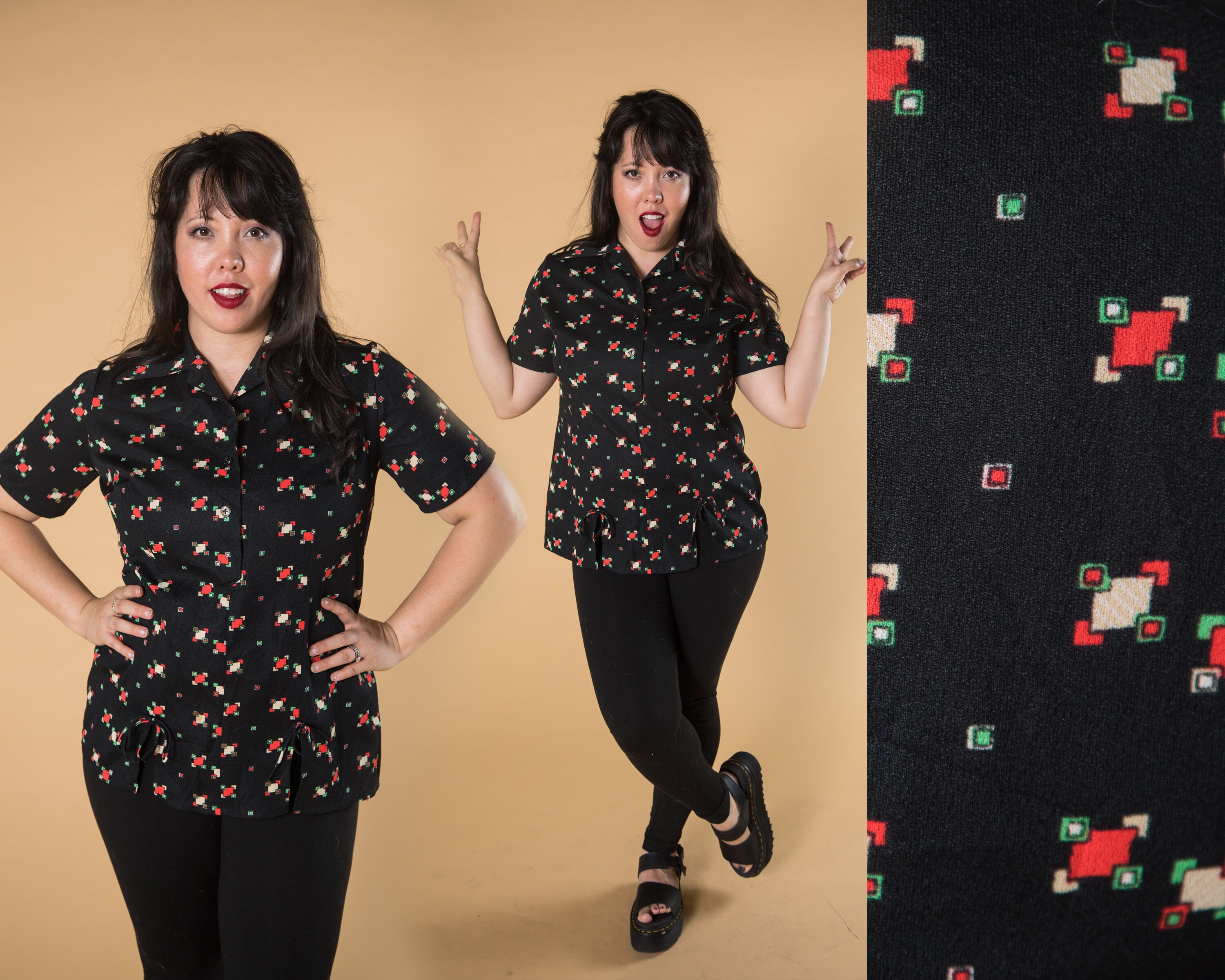 Fun 1960s Black Ply Top W Squares Red Green and Bow Details