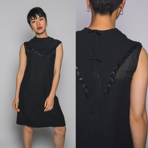 Classy 1960s Black Dress With Sailor Collar Sequin - Medium