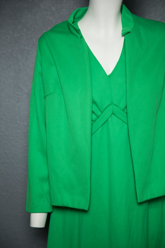 Fun 1970s Bright Green Maxi Dress Jacket Set Poly… - image 5