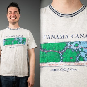 1980s Panama Canel T-shirt Crew Gray Neck Graphic Maps - Large