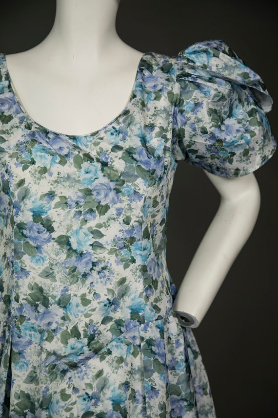 Fun 1980s Blue Floral Prom Dress Puffy Sleeves - … - image 3