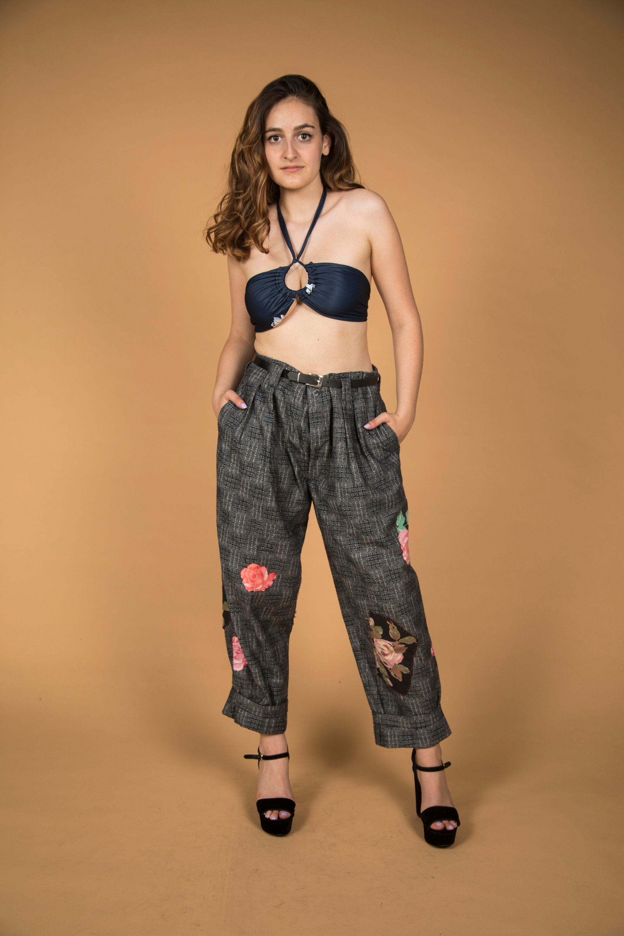 Unique 1980s Grey and Black Pants by Cosi L'uomo W/ Floral
