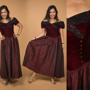 Gorgeous 1980s Velvet Lace Maroon Dress Open Shoulder by Lanz RSVP  - Medium