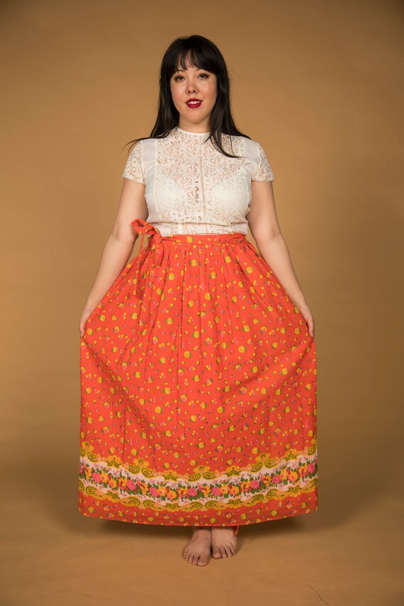 Lovely 1970s Maxi Wrap Skirt Apron Orange Pink Ye… - image 3