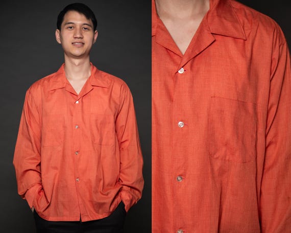 1960s Pennleigh Orange Long Sleeve Button Up Top Shirt - Extra Large, XL