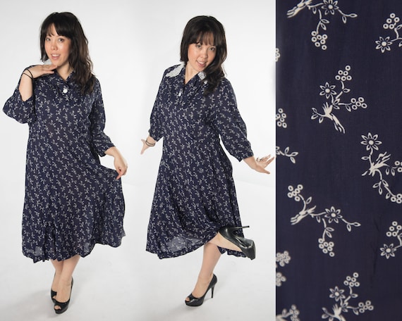 Classic 1940s Navy Blue Midi Dress w White Branch