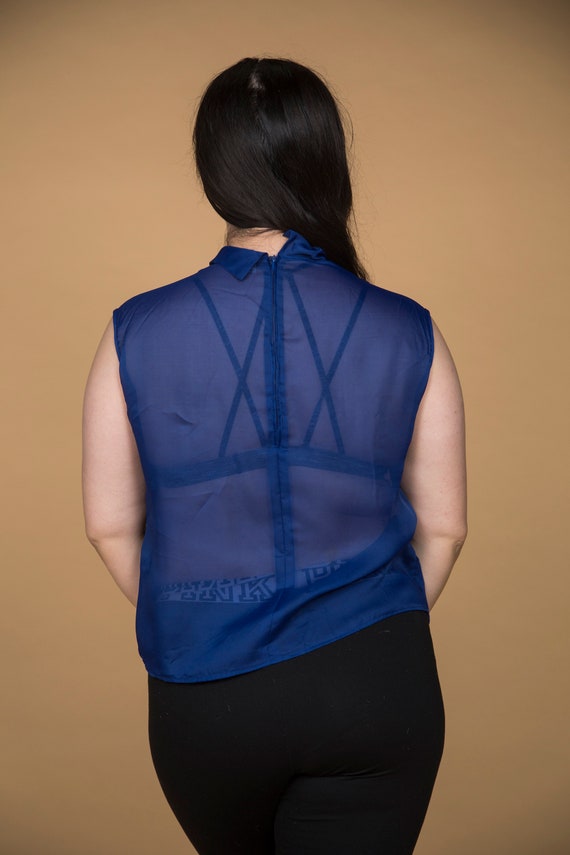 Sher Beautiful Beautiful 1960s Sheer Mock Neck Blue Blouse by Diolen… - Gem