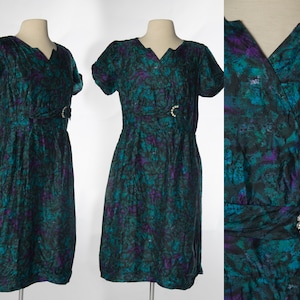 Kunstvolles 50er Jahre Seide Grün Blau Lila Aquarell Look Print Kleid von Boston Maid - Groß