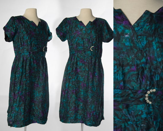 Artistic 1950s Silk Green Blue Purple Watercolor … - image 1