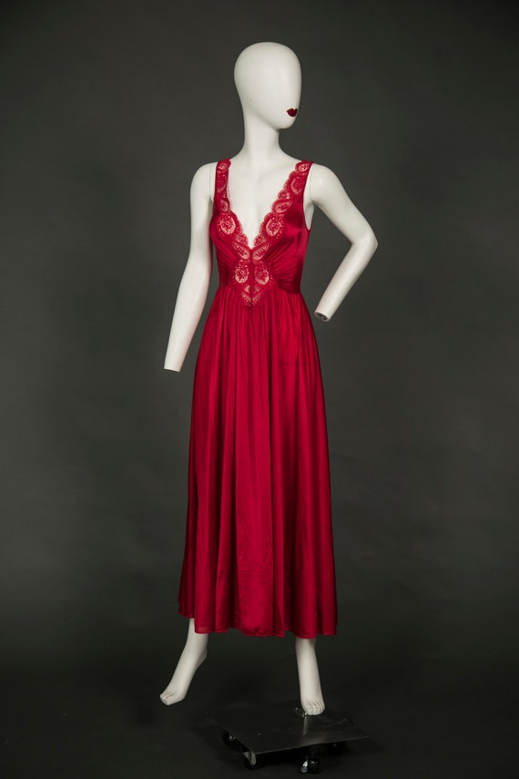 Sexy 1970s Olga Maxi Nightgown Red Low Cut - Small - Gem