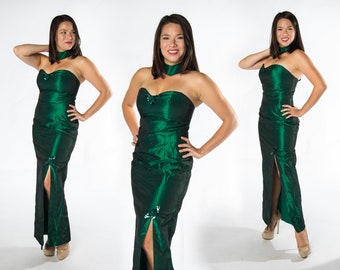 Wowza 1980s Green Gown with attached necklace - Medium