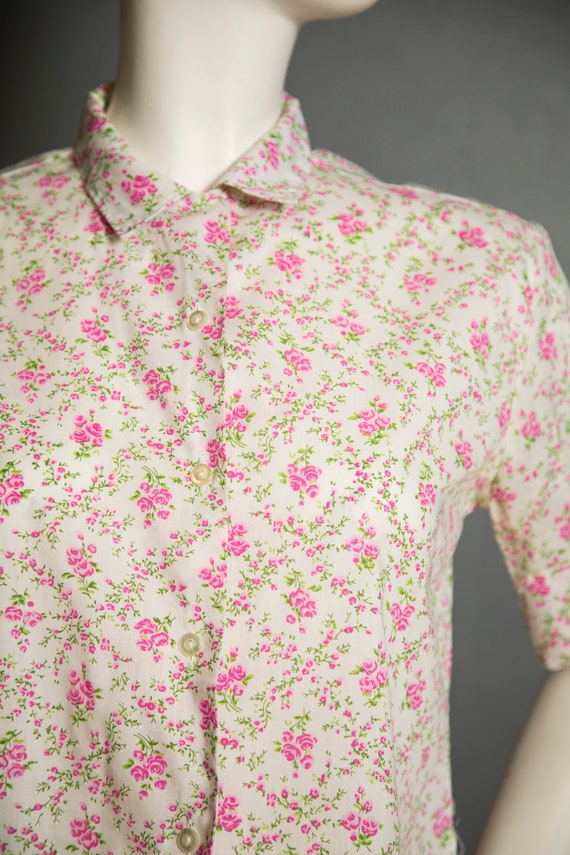 1950s Millicenti Pink Roses White Button Up Shirt - L… - Gem