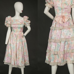 Adorable 1980s Pink Dress w White and Green Floral Print - Small