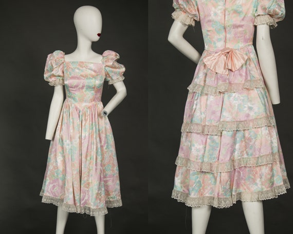 Adorable 1980s Pink Dress w White and Green Flora… - image 1