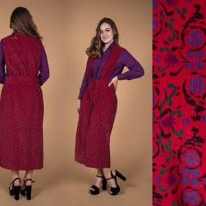 Fun  1990s Eddie Bauer Corduroy Red Pinafore Skirt with Purple Floral Design - Large