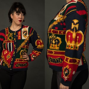 1990s The Eagle&#39;s Eye Crown Sweater Cardigan Royal Theme - Medium