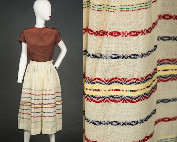 1950s Woven White with Red Blue Green Skirt - Ext… - image 1