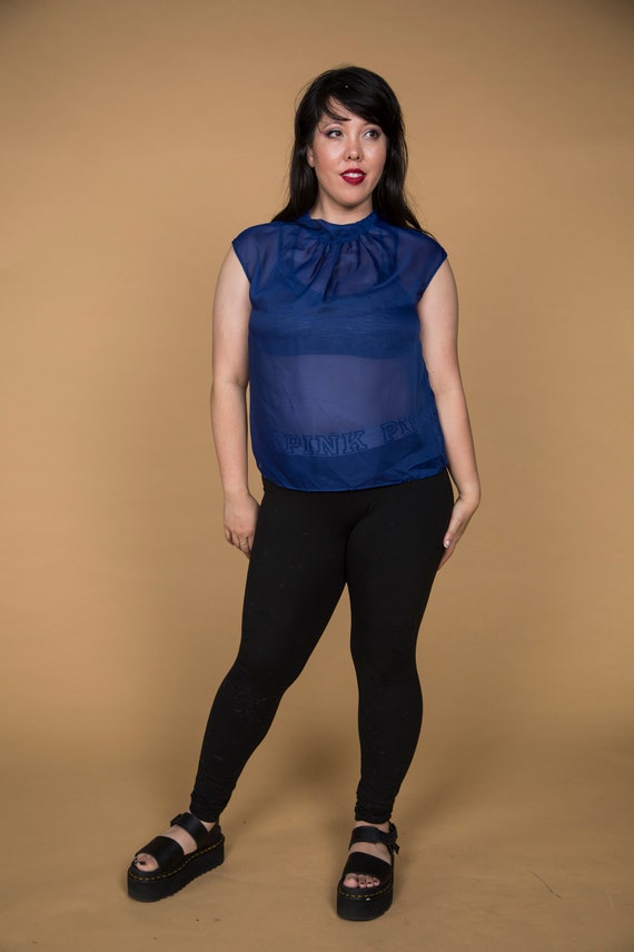 Sher Beautiful Beautiful 1960s Sheer Mock Neck Blue Blouse by Diolen… - Gem