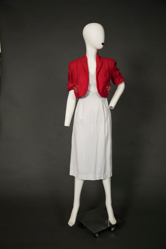 1940s - 1950s Reich White Dress w Orange Cropped … - image 2