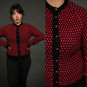 1980s Viking Genser Black Pink Red Cardigan Handknitted In Denmark Norway  - Large