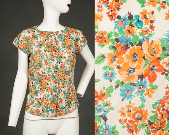 1940s White Top Floral Orange Blue Red Green Butt… - image 1
