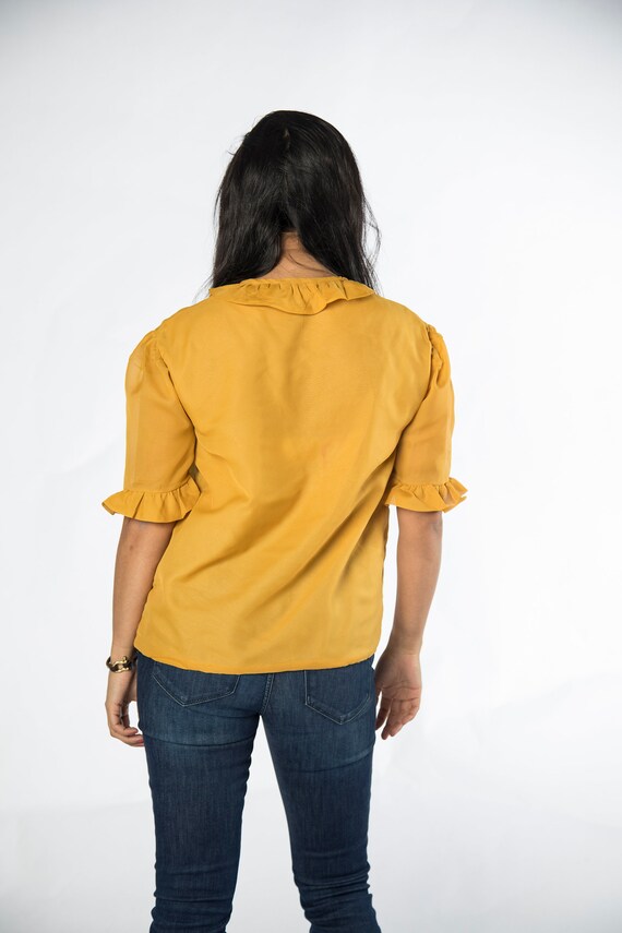 Lovely 1960s Mustard Yellow Button up Top w Ruffl… - image 6