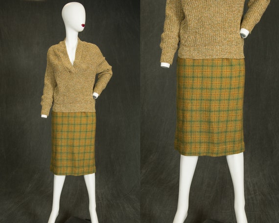 1960s Catalina Green Yellow Virgin Wool Skirt - E… - image 1