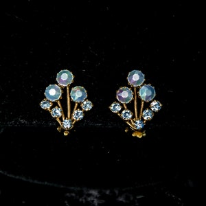 Midcentury Aurora Borealis Cream and Blue Rhinestones Earrings Austria, Clip On