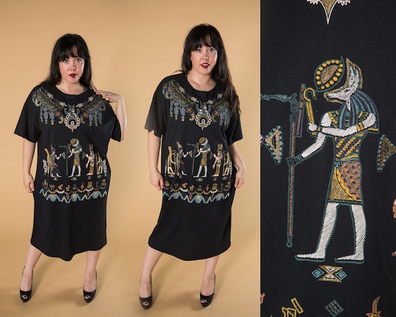 Unique 1980s Black T-shirt Dress w Puffy Egyptian… - image 1