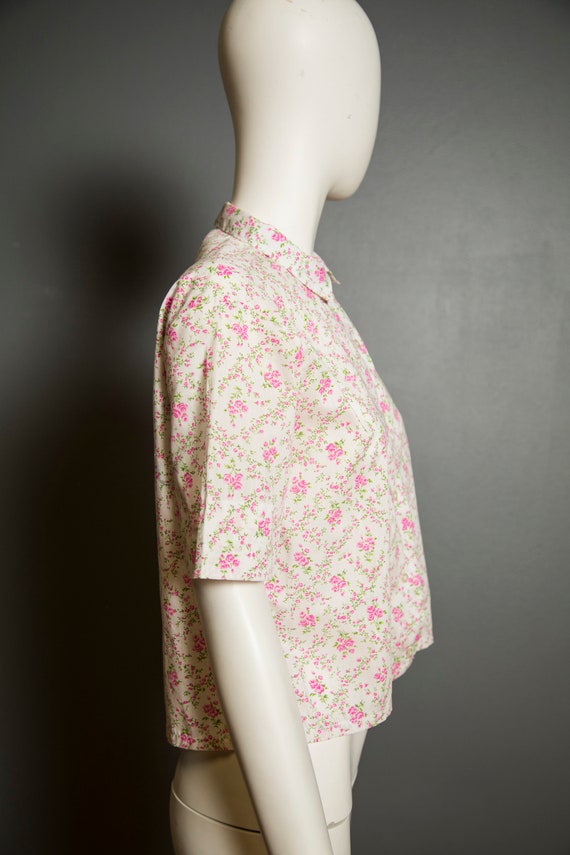 1950s Millicenti Pink Roses White Button Up Shirt - L… - Gem