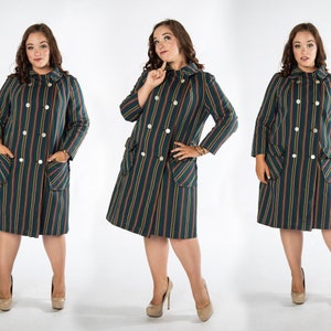 Vintage 1960s - 1950s Green Stripped Trench Coat Union Made - Up to Size 2X