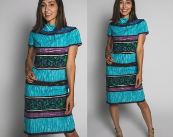 1960's Tiki Tropical Hawaiian Tunic Shift Dress Blue Purple Green - Small