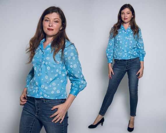 Lovely 1960s Baby Blue Button Up Top with White S… - image 1