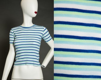 Camiseta de punto fino de la década de 1970 despojada de color azul, verde y blanco - Pequeña